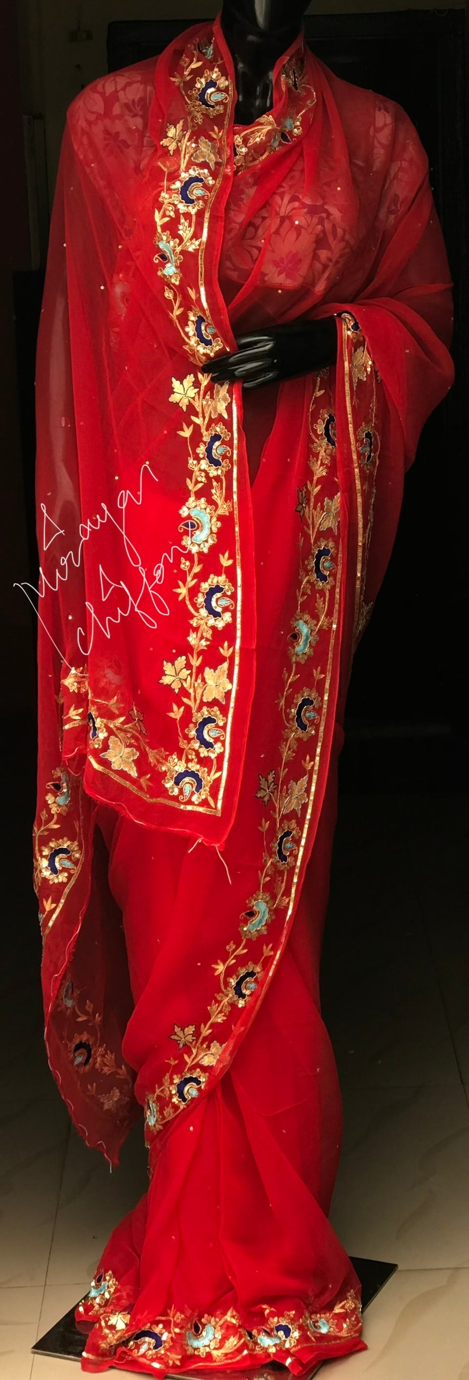 Red Aari Zardogi Border Miraya Chiffon Sarees