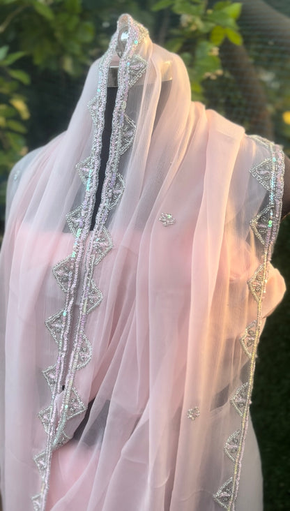 Pink Sequins Cutdana Pearl Border Miraya Chiffon Sarees