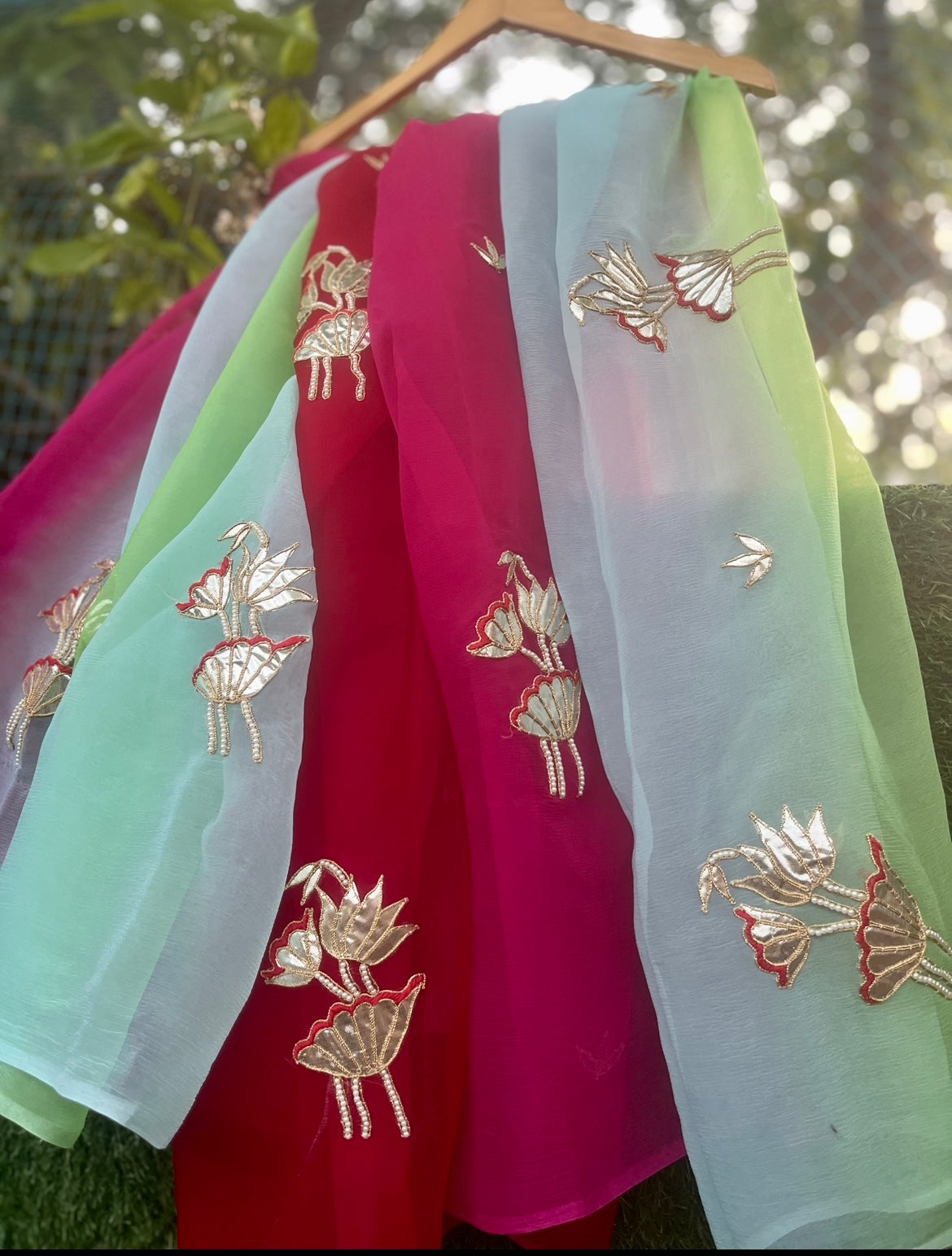 Multi Shaded Ombre Dyed Gottapati Motifs Miraya Chiffon Sarees