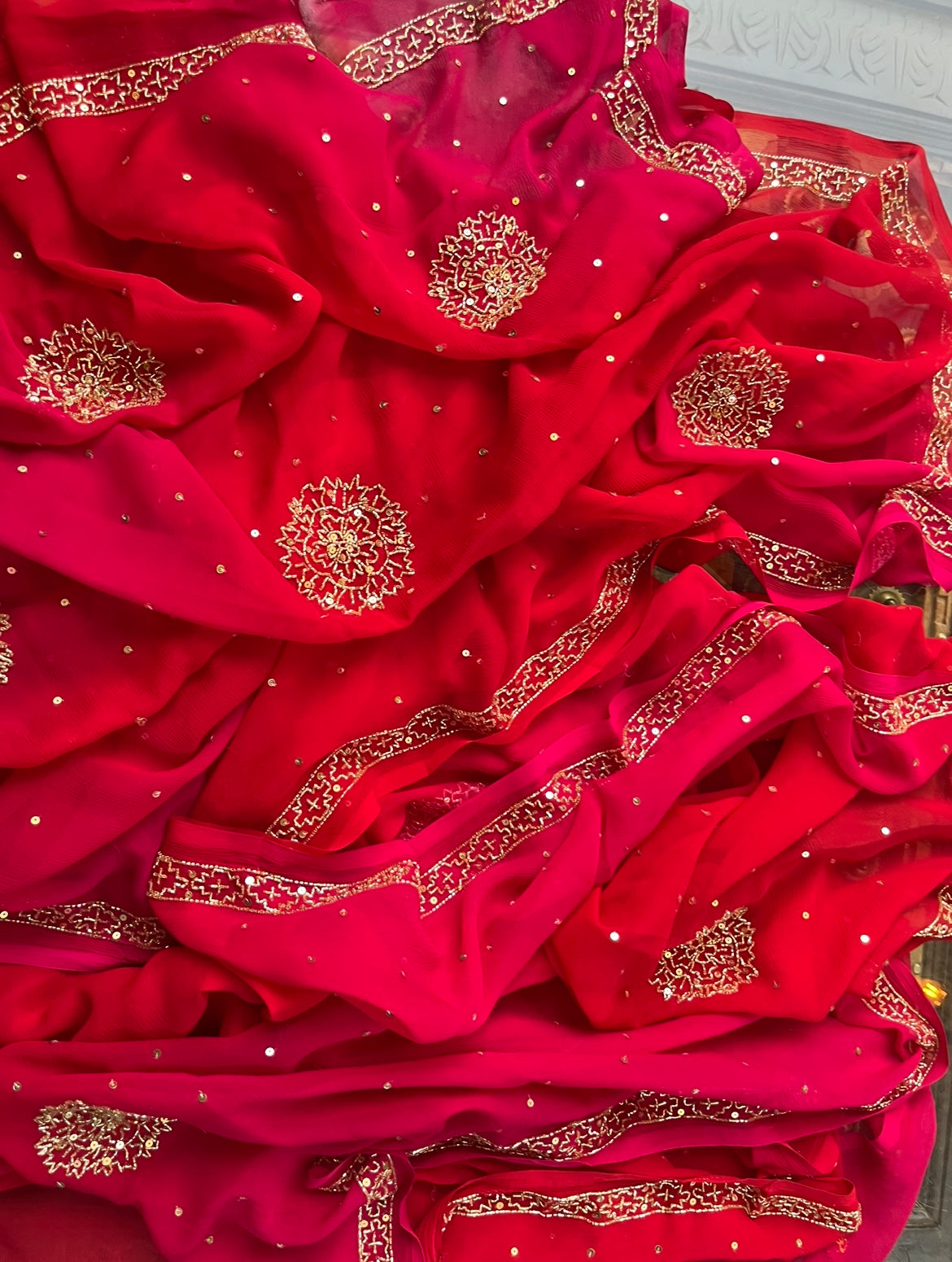 Red Pink Shaded Cutdana Border Miraya Chiffon Sarees