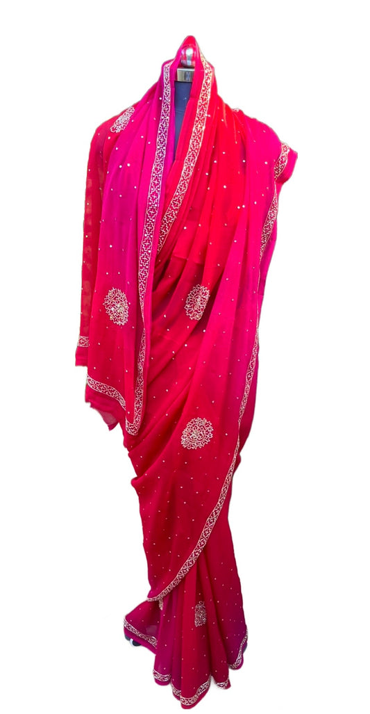 Red Pink Shaded Cutdana Border Miraya Chiffon Sarees