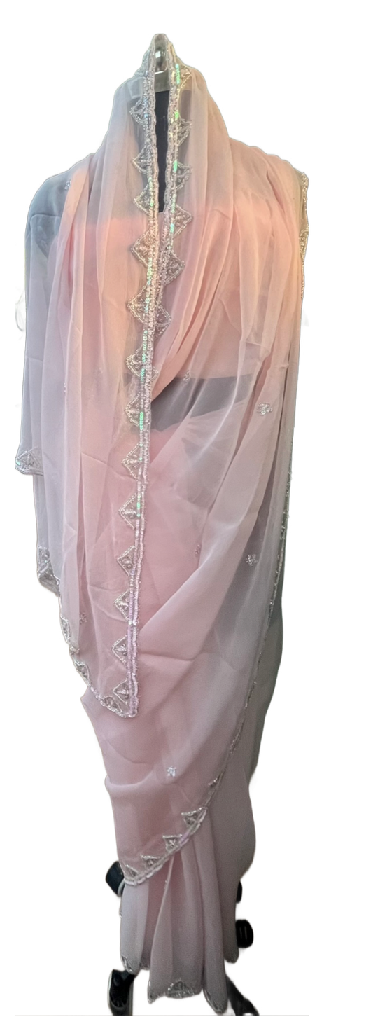 Pink Sequins Cutdana Pearl Border Miraya Chiffon Sarees