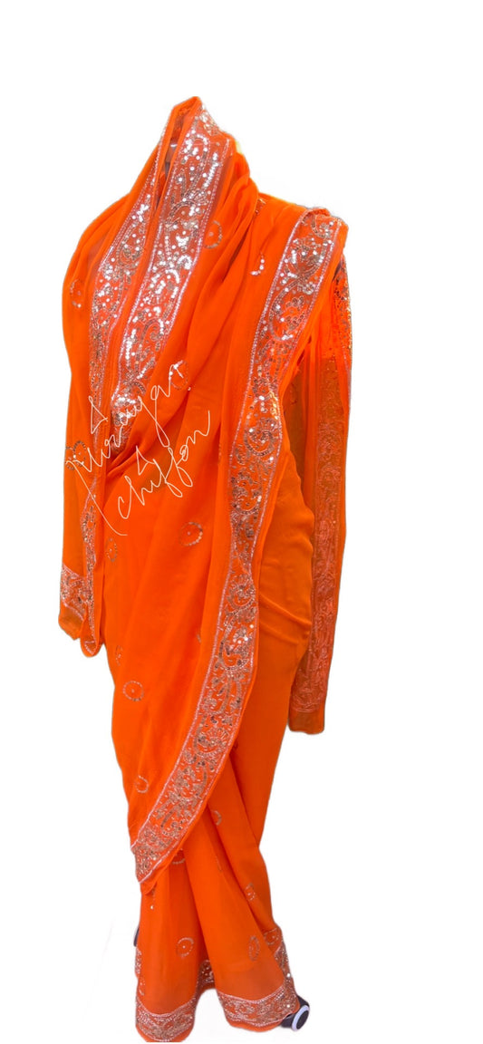 Orange Sequins Border Miraya Chiffon Sarees