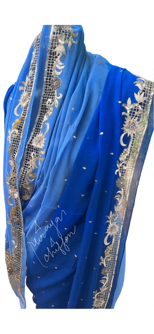 Ink Blue Shaded Cutwork Border Miraya Chiffon Sarees