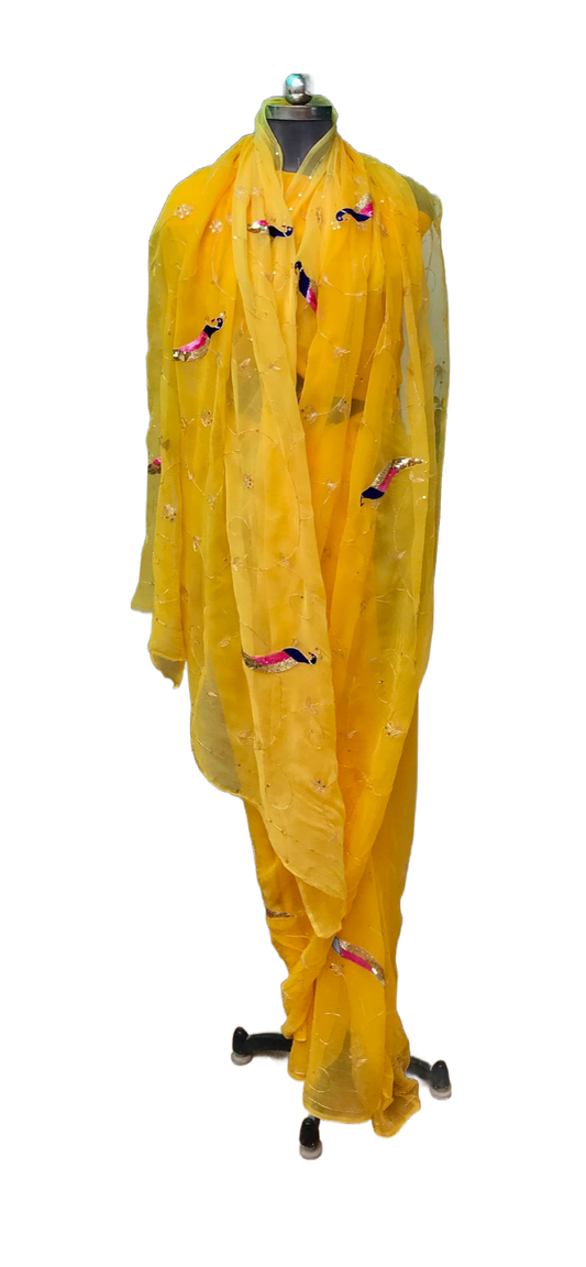 Yellow Shaded Peacock Jaal Miraya Chiffon Sarees