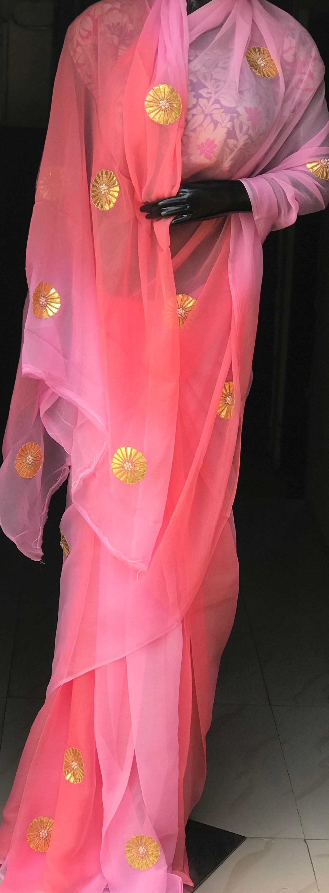 Peach Pink Shaded Laffa Cutting Motifs Miraya Sarees