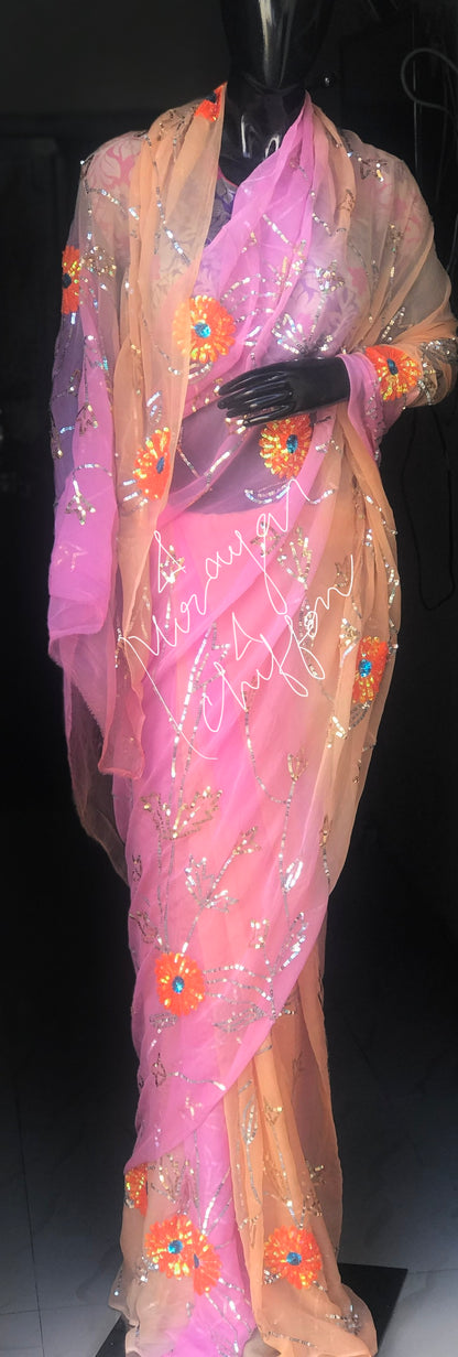 Peach Pink Shaded Sequence Jaal Miraya Sarees