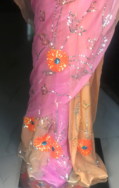 Peach Pink Shaded Sequence Jaal Miraya Sarees