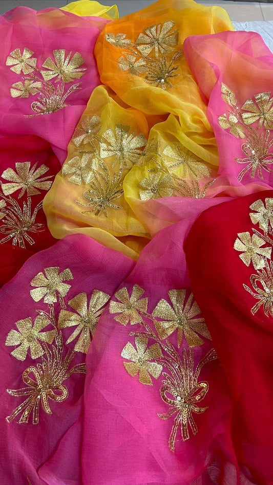 Ombre Yellow Pink Red Aari Motifs Miraya Chiffon Sarees