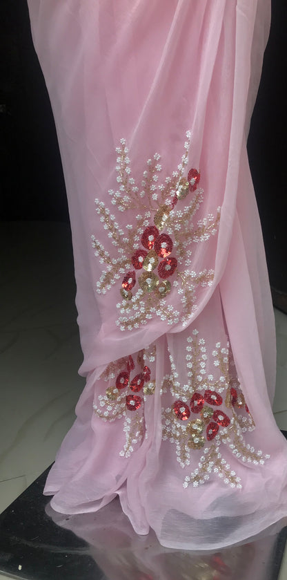 Pink Sequins Pearl Motifs Miraya Chiffon Sarees