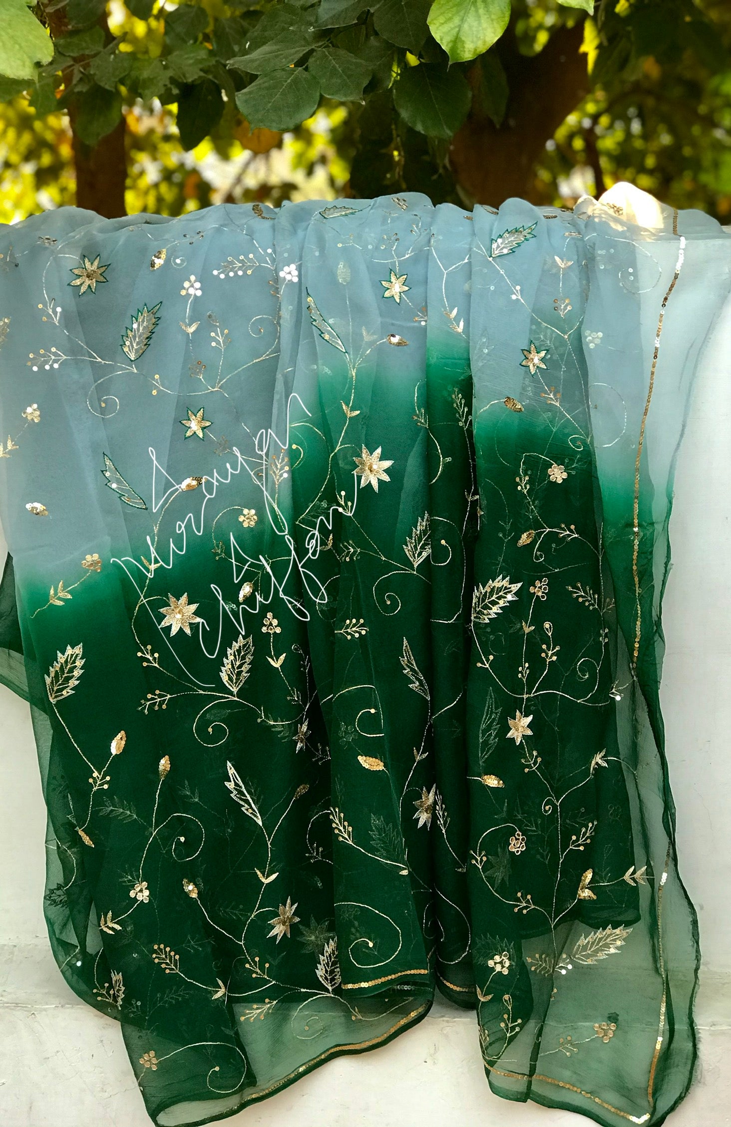 Grey Green Shaded Aari Jaal Miraya Chiffon Sarees