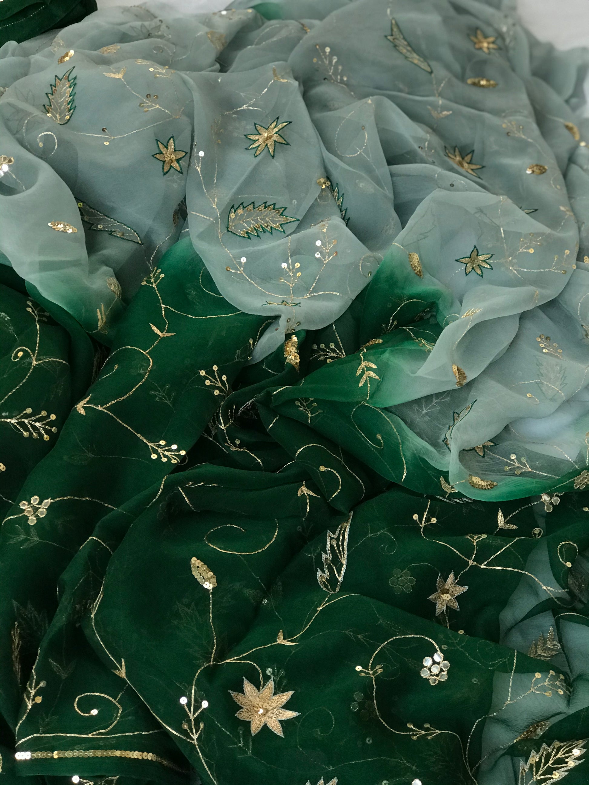 Grey Green Shaded Aari Jaal Miraya Chiffon Sarees