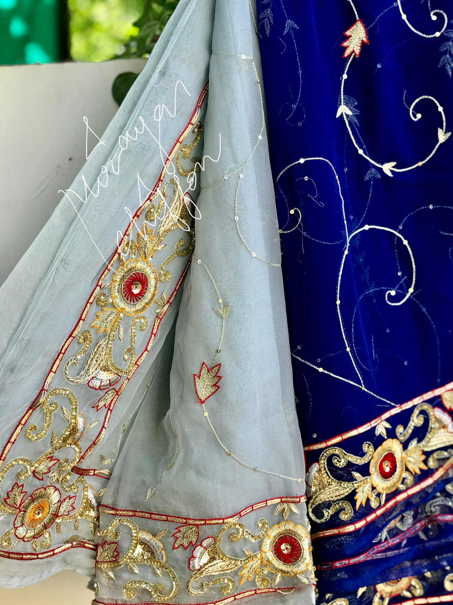 Blue Shaded Aari Zardoji Border Jaal Miraya Chiffon Sarees