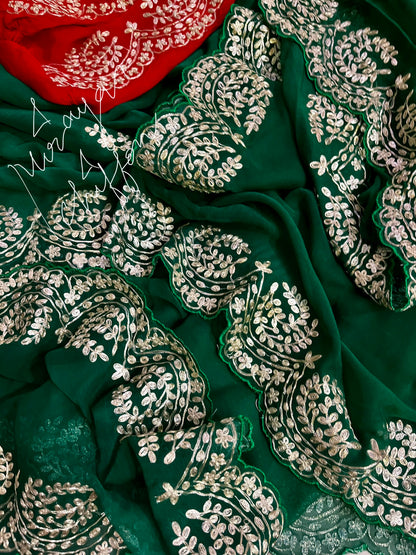 Bottle Green Scallop Border Miraya Chiffon Sarees