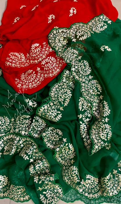 Bottle Green Scallop Border Miraya Chiffon Sarees