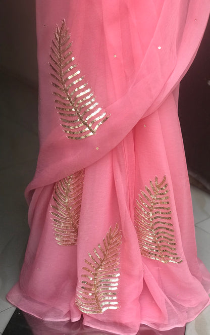 Peach Sequins Motifs Miraya Chiffon Sarees