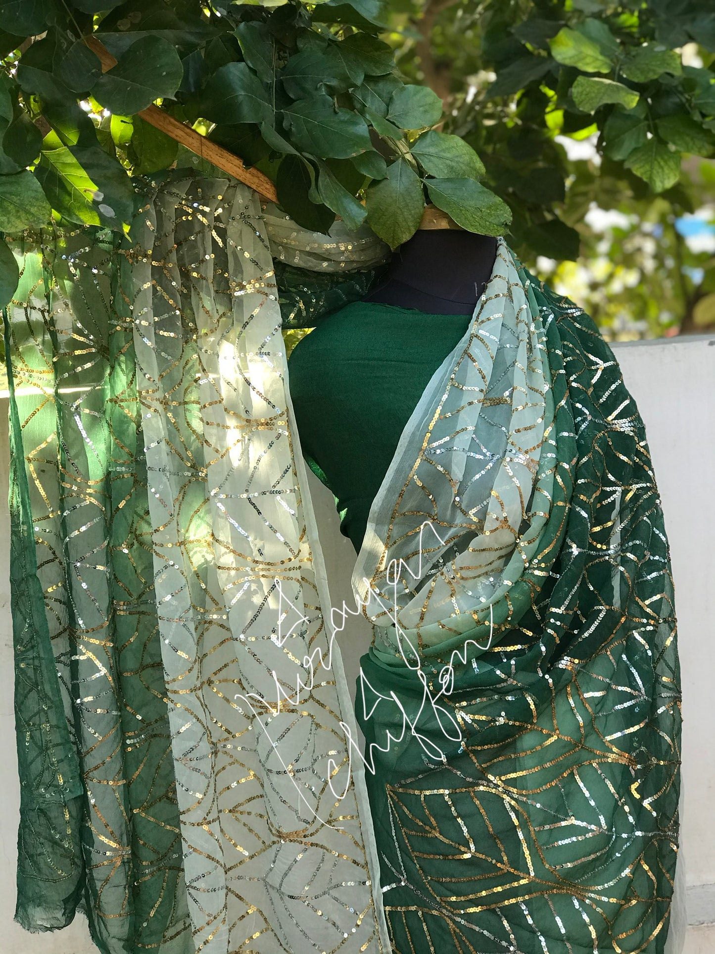 Green Shaded Golden Silver Sequins Jaal Miraya Sarees