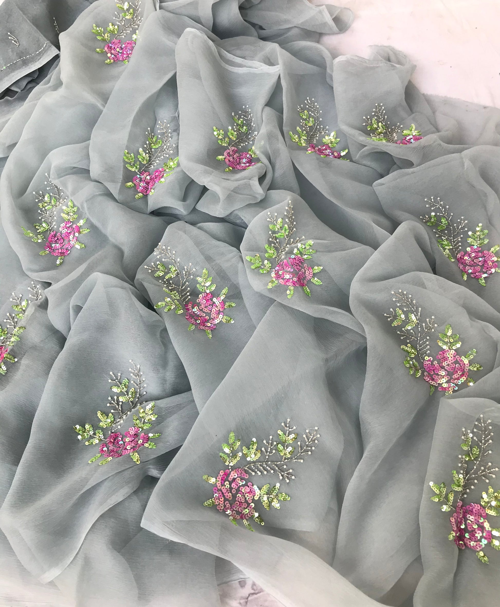 Grey Sequins Rose Motifs Miraya Chiffon Sarees