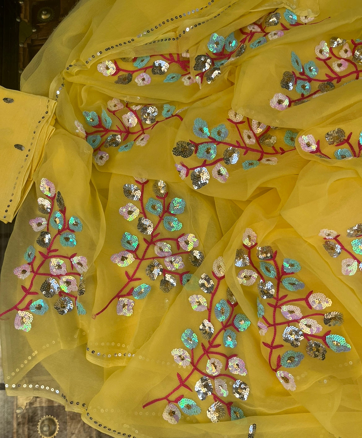 Lemon Yellow Sequins Motifs Miraya Chiffon Sarees