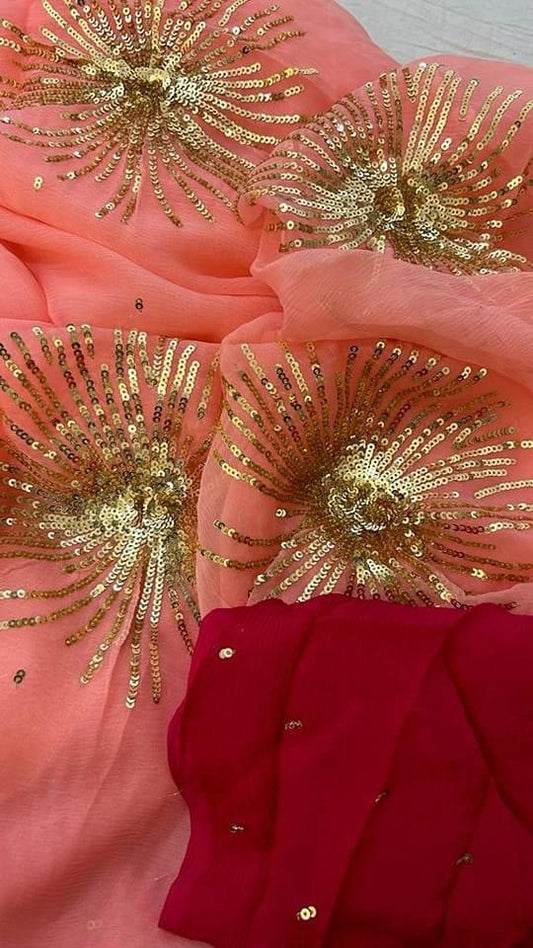 Peach Sequins Motifs Miraya Chiffon Sarees