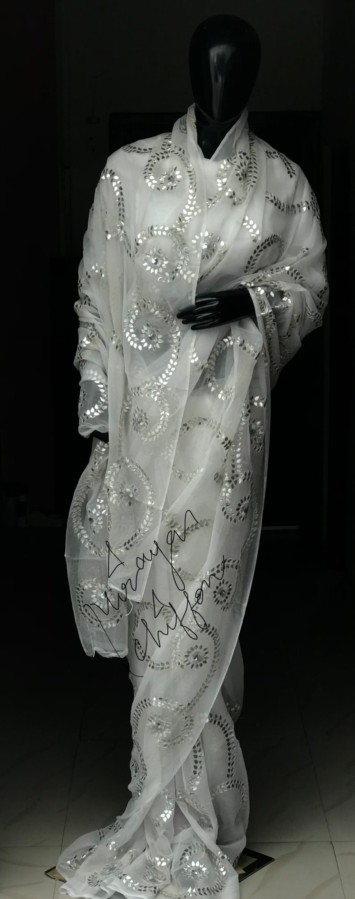 White Silver Gottapati Jaal Miraya Chiffon Sarees