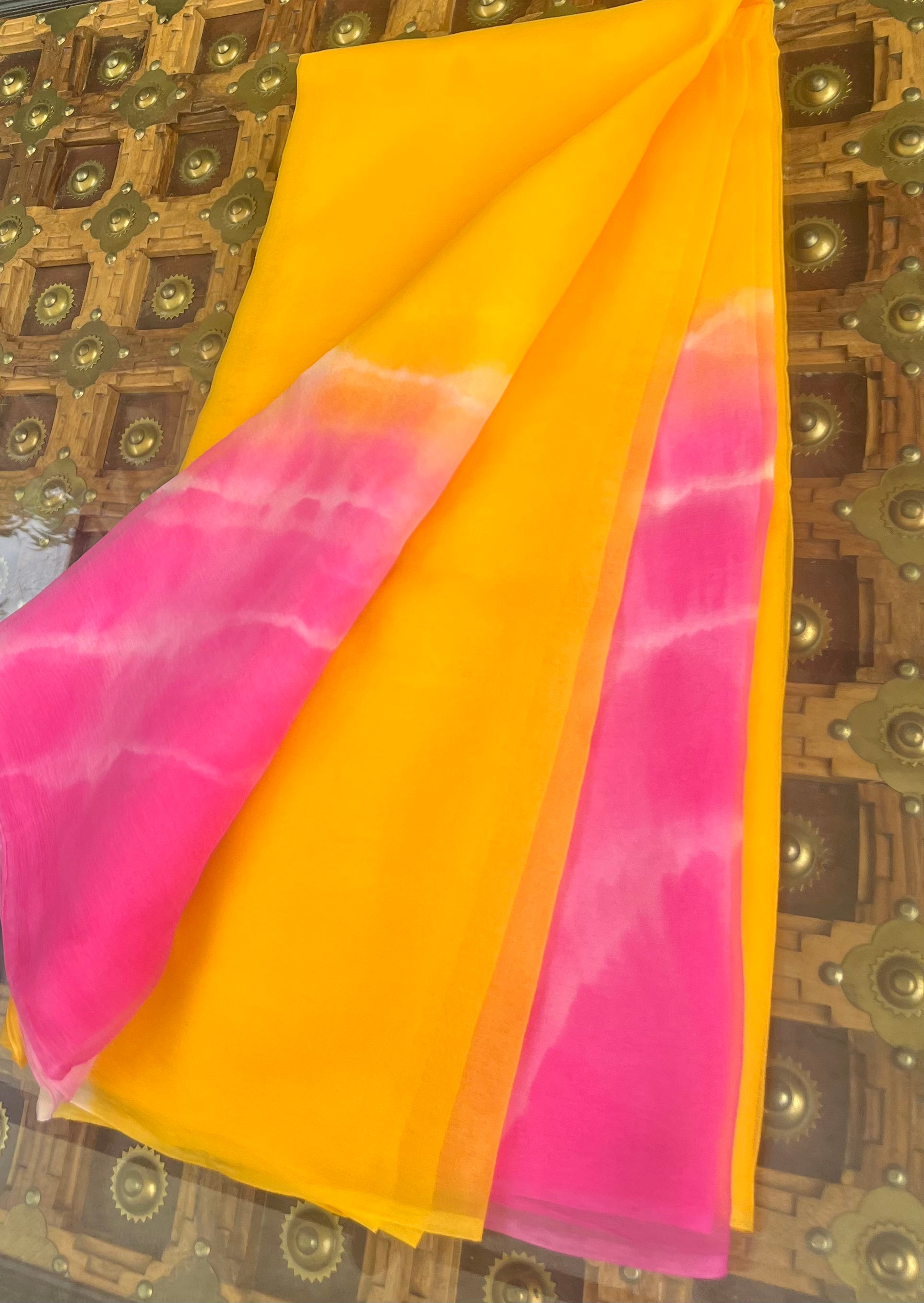 Yellow Pink Lehriya Miraya Chiffon Sareesap