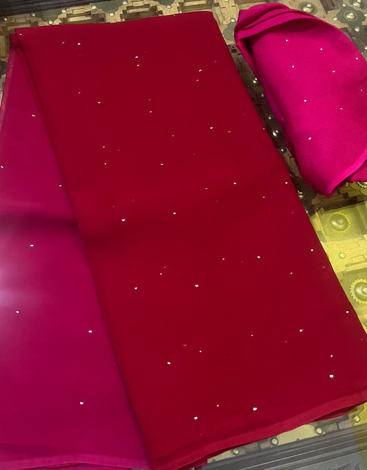 Ombre Red Pink Shaded Mukaish Miraya Chiffon Sarees