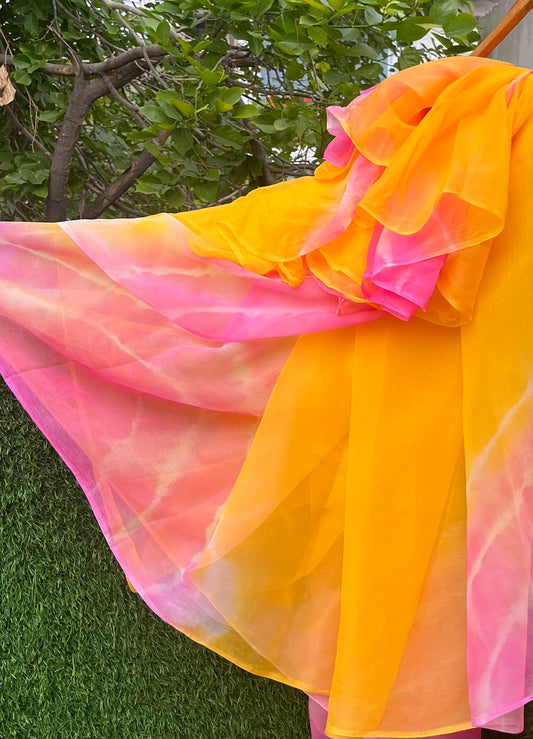 Yellow Pink Lehriya Miraya Chiffon Sareesap