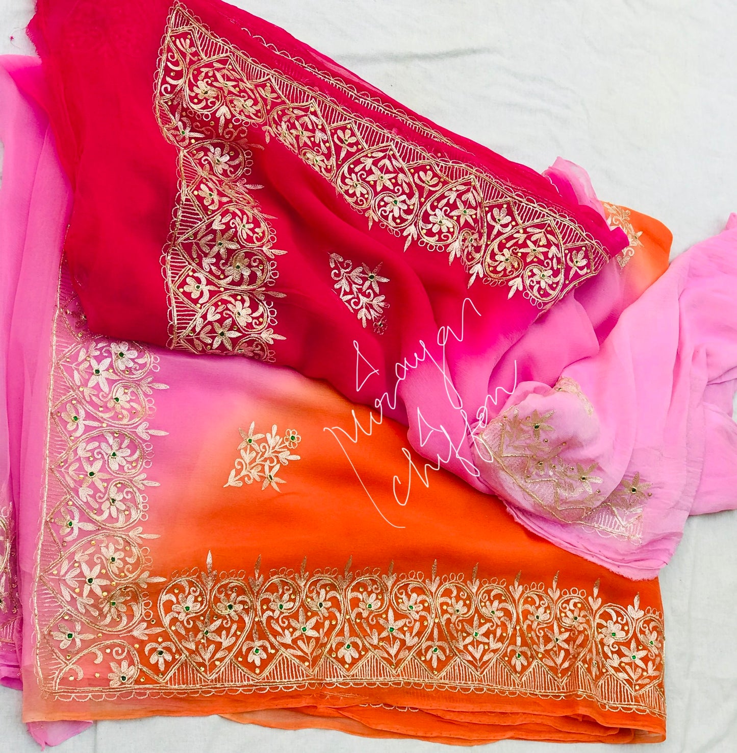 Pink Orange Shaded Aari Border Miraya Chiffon Sarees