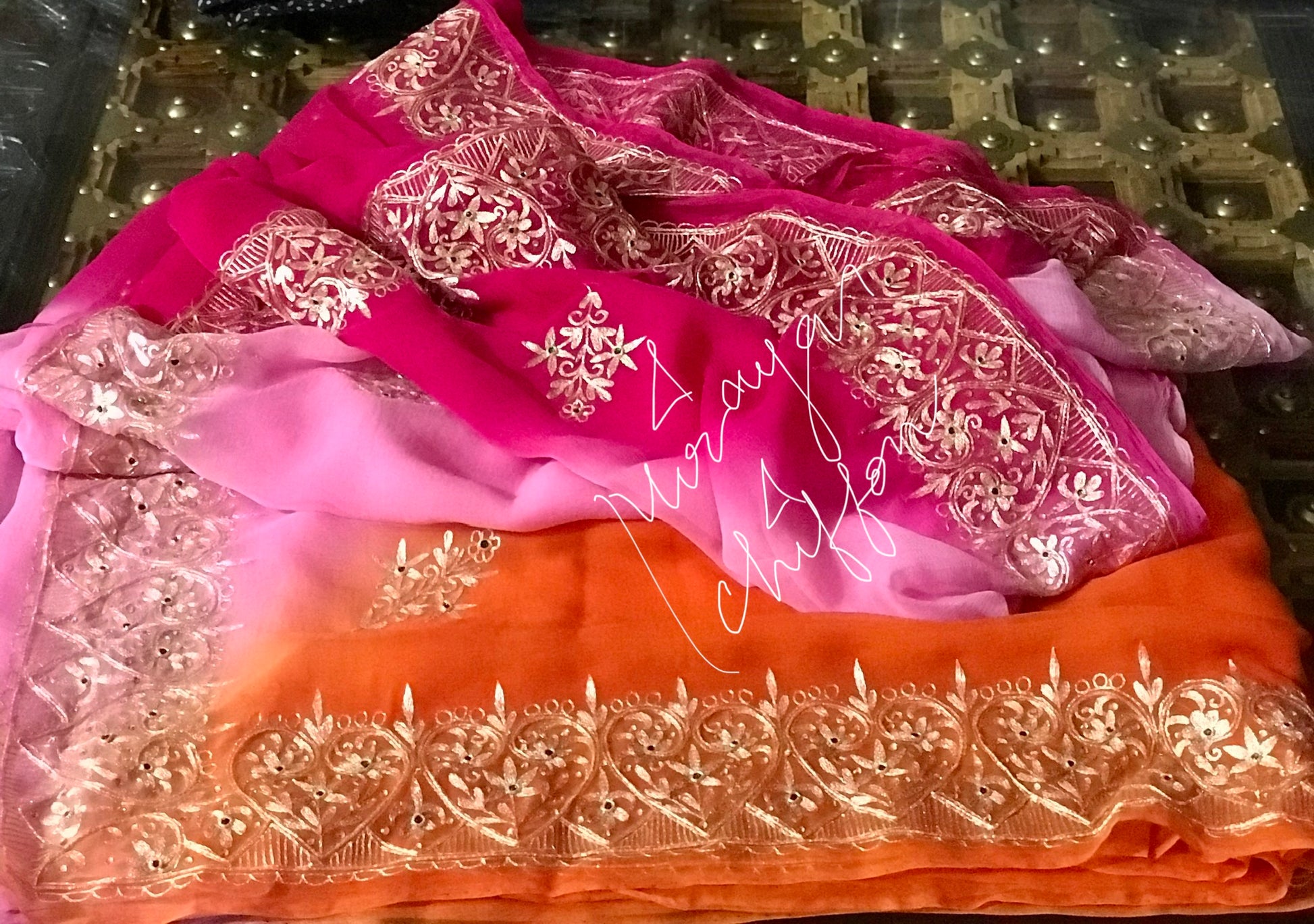 Pink Orange Shaded Aari Border Miraya Chiffon Sarees