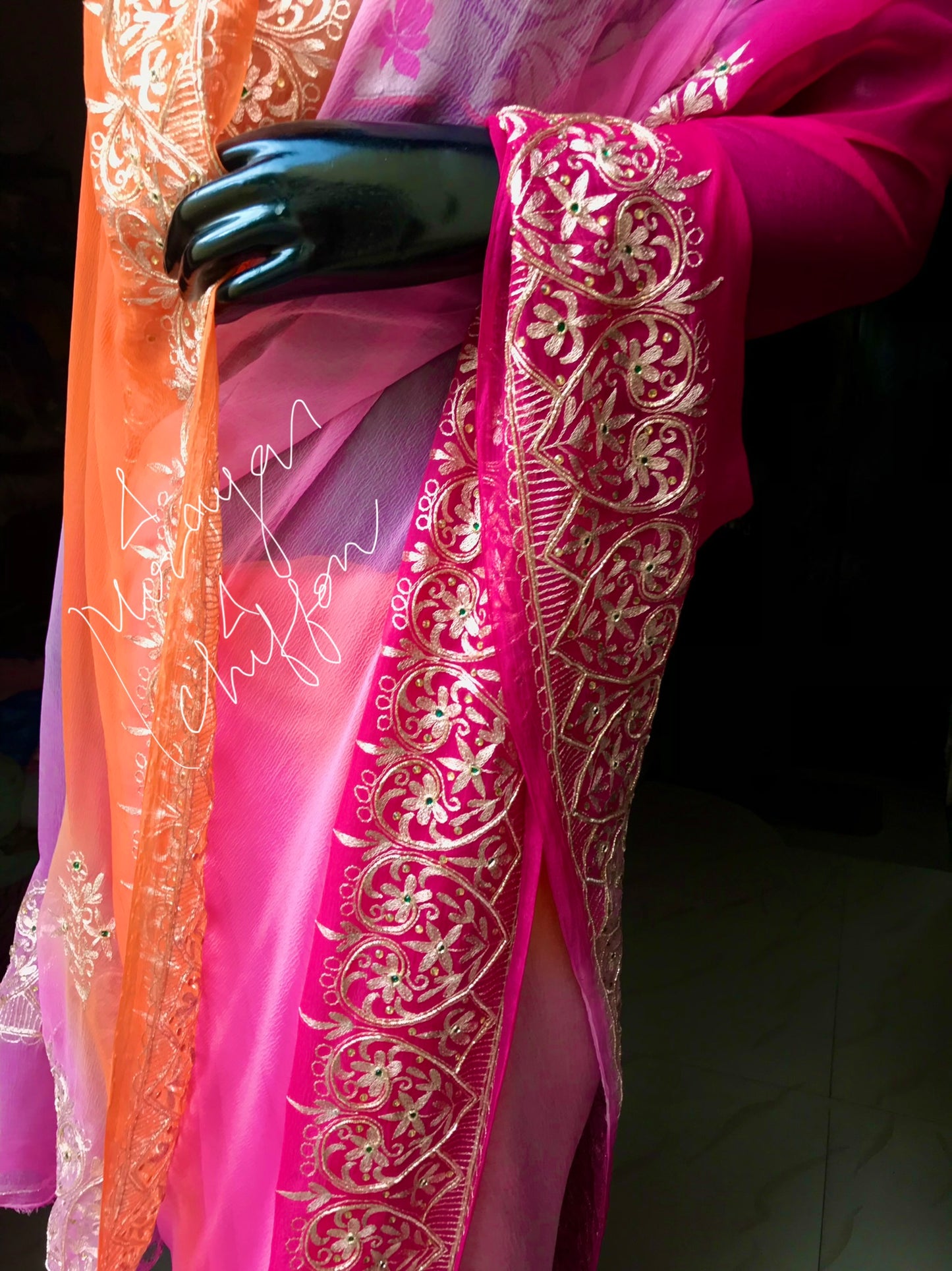 Pink Orange Shaded Aari Border Miraya Chiffon Sarees