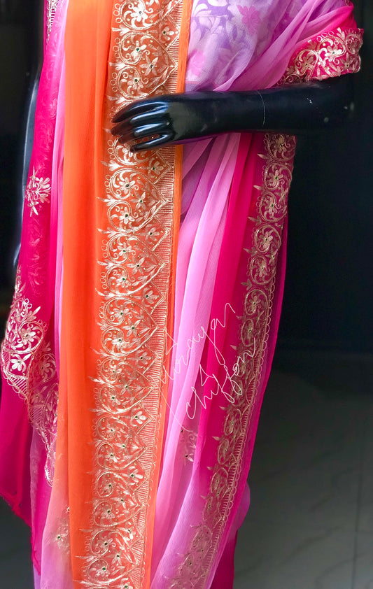 Pink Orange Shaded Aari Border Miraya Chiffon Sarees