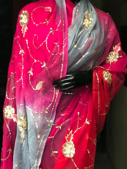 Red Shaded Sequins Jaal Miraya Chiffon Sarees