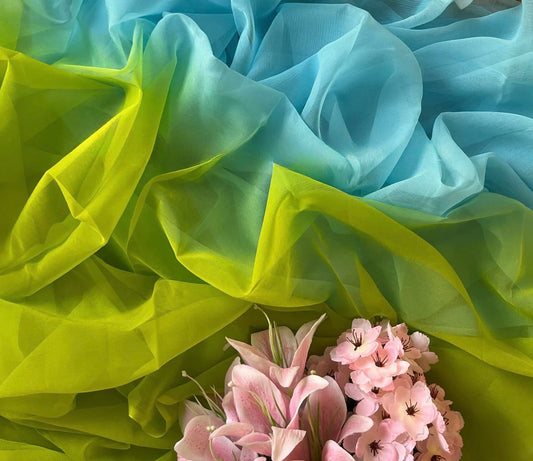 Ombre Sky Blue Green Plain Shaded Miraya Chiffon Sareesapap