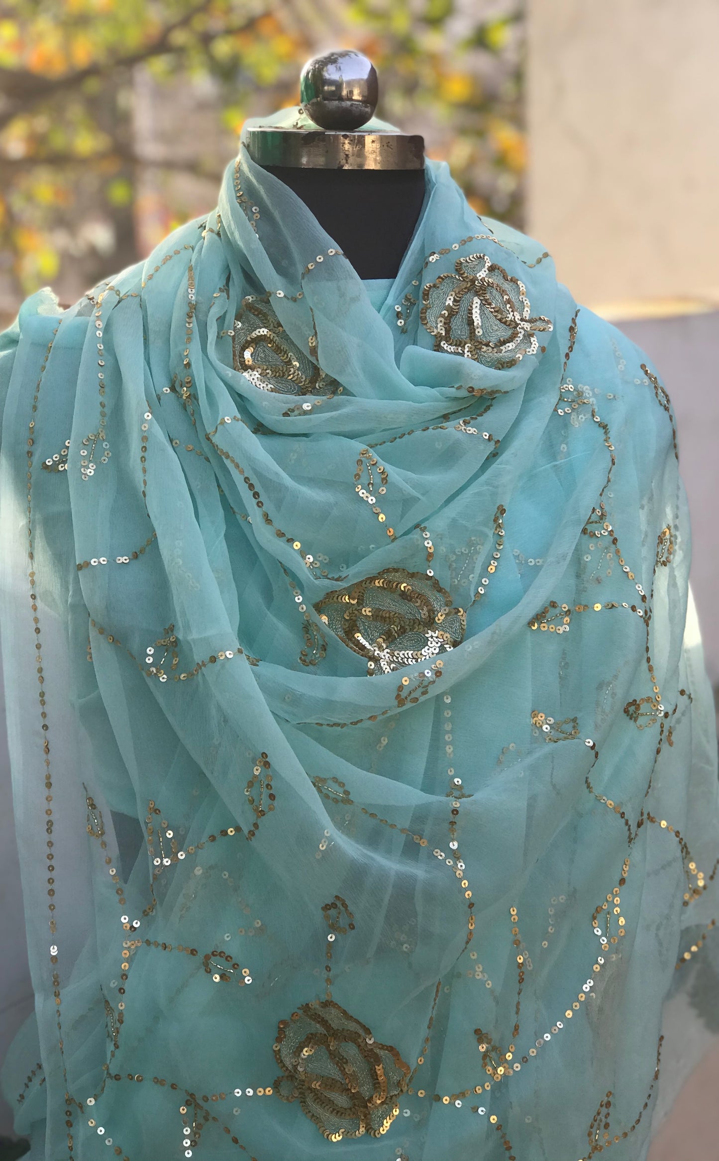 Powder Blue Sequins Jaal Miraya Sarees