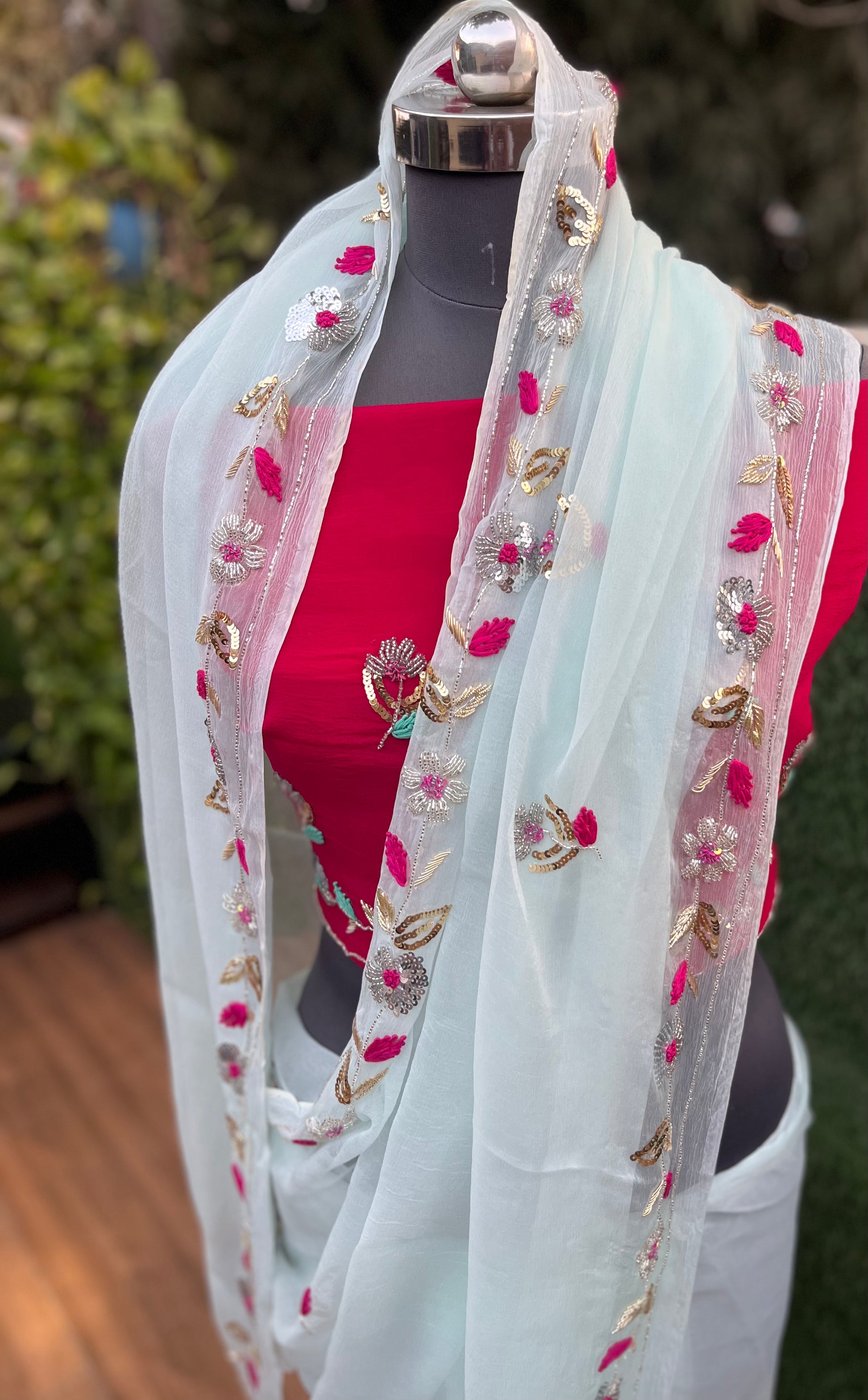 Powder Blue Sequins Zardogi Border Miraya Chiffon Sarees