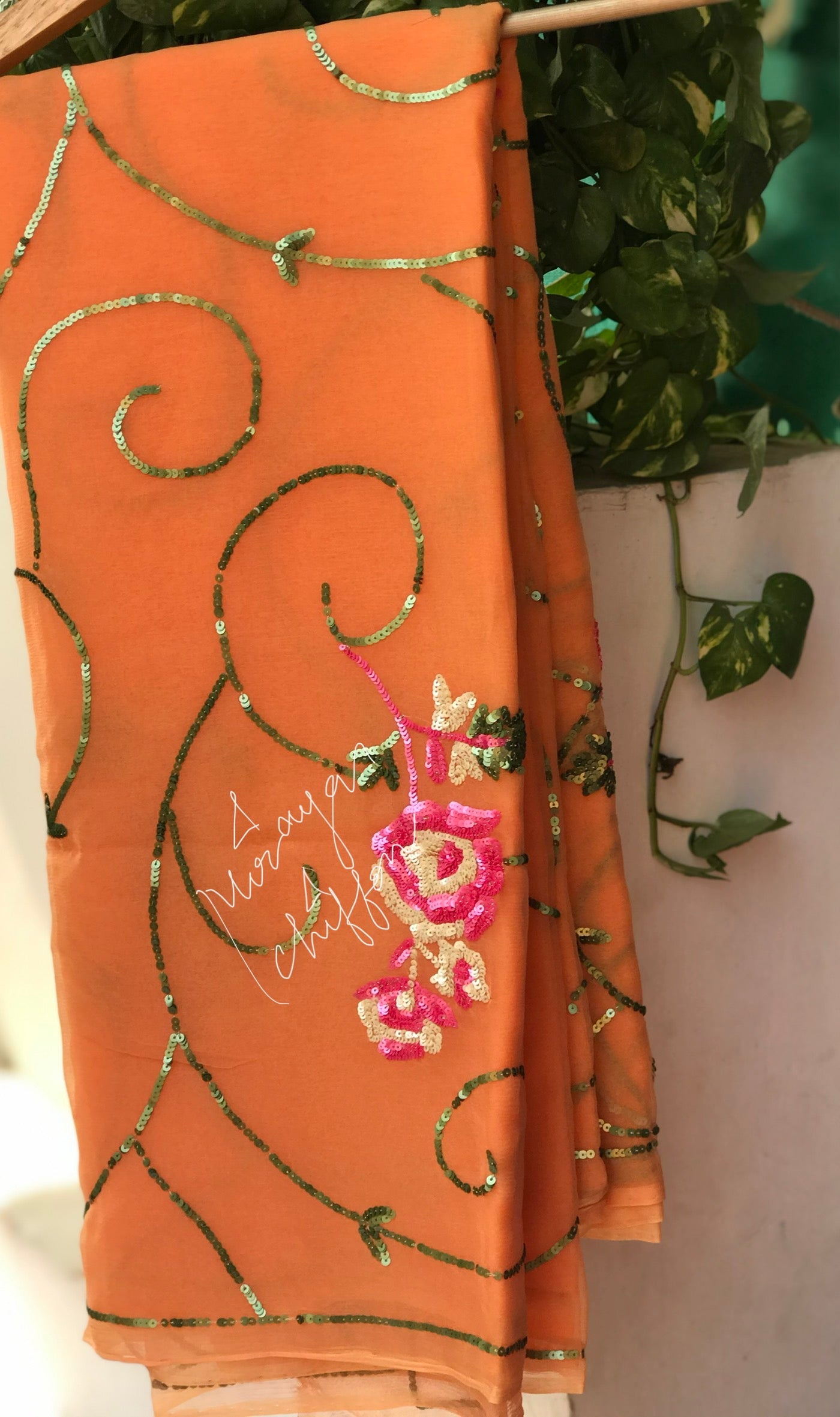 Peach Sequins Jaal Miraya Chiffon Sarees