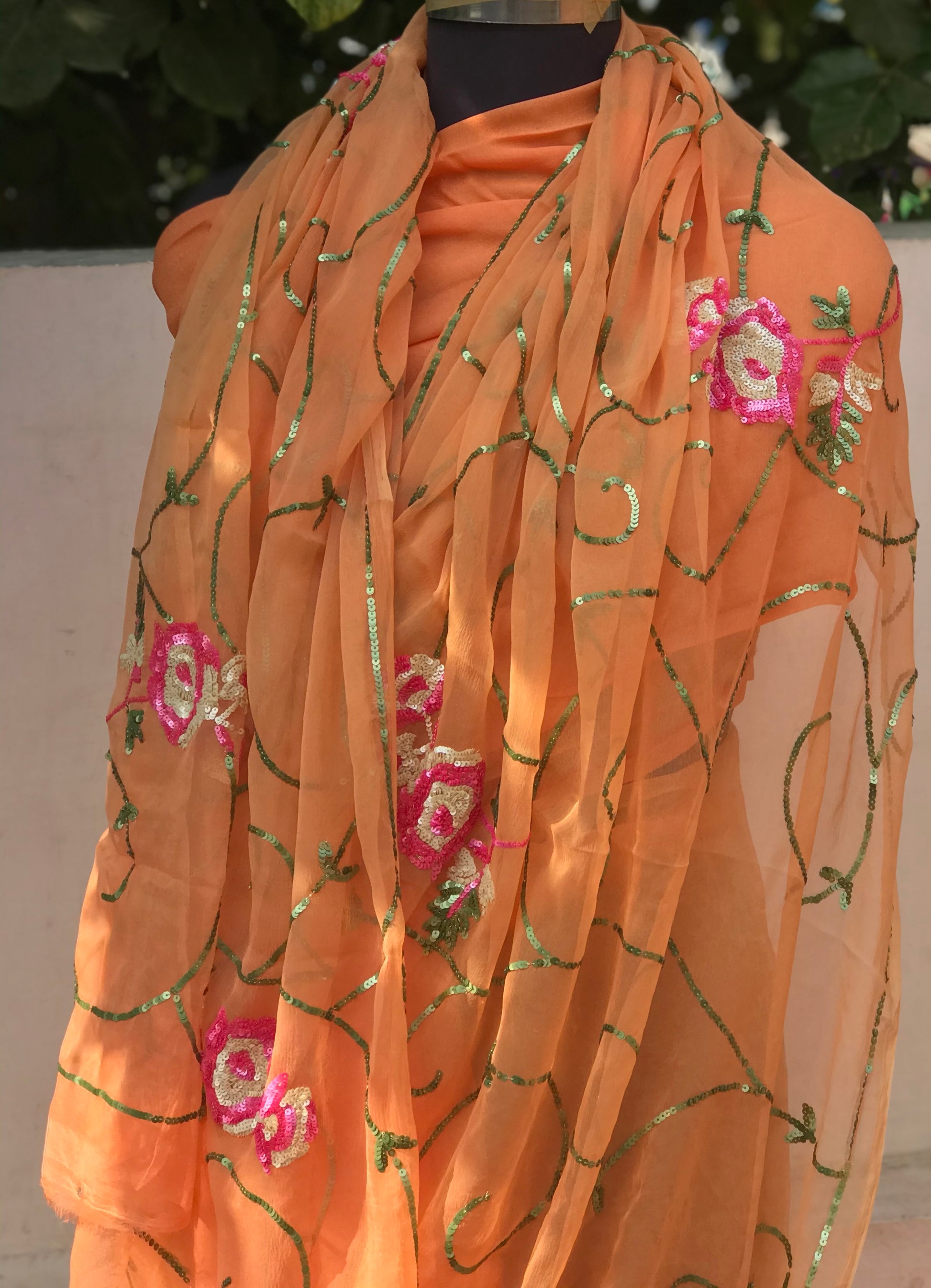 Peach Sequins Jaal Miraya Chiffon Sarees