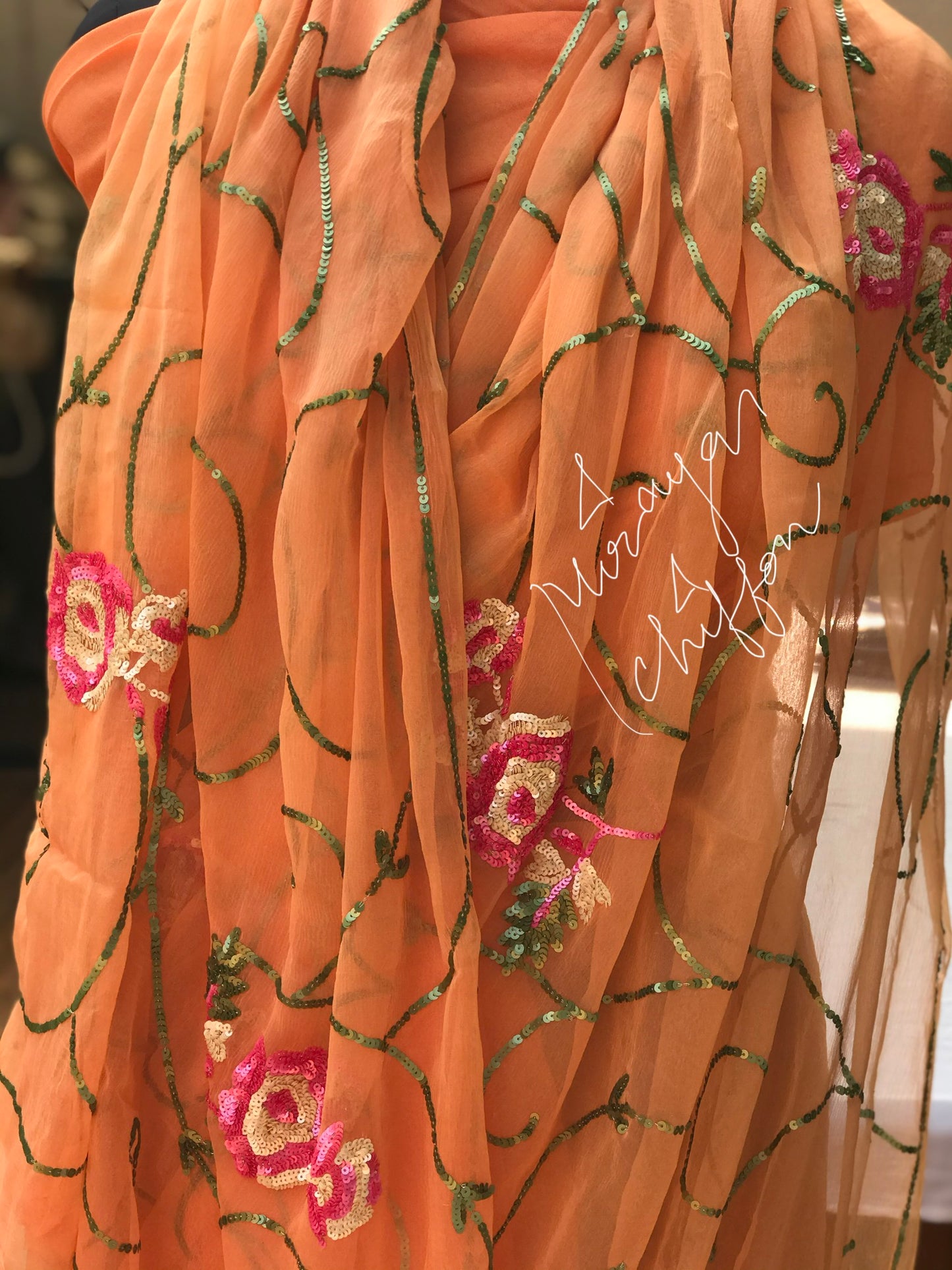 Peach Sequins Jaal Miraya Chiffon Sarees