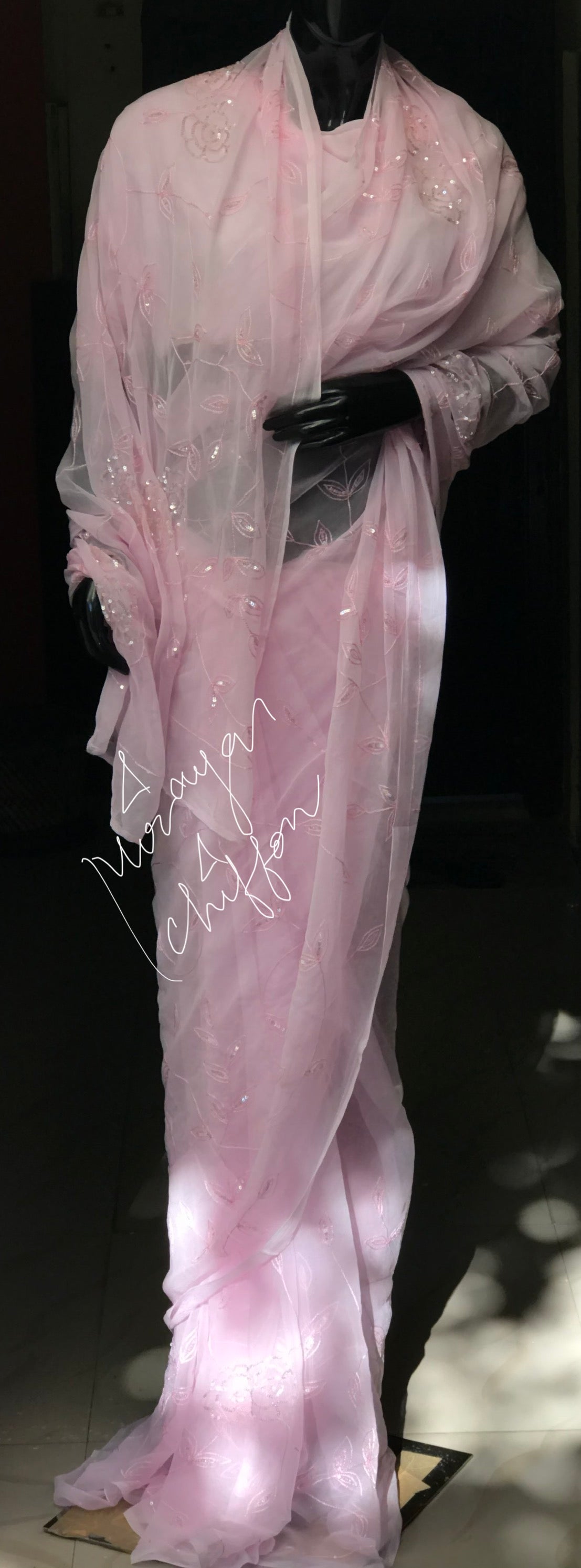 Baby Pink Thread Sequins Jaal Miraya Chiffon Sarees