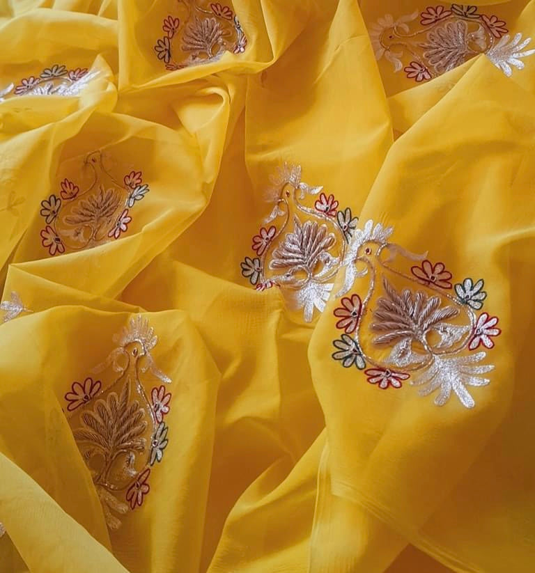 Yellow Aari Zardogi Motifs Miraya Chiffon Sarees