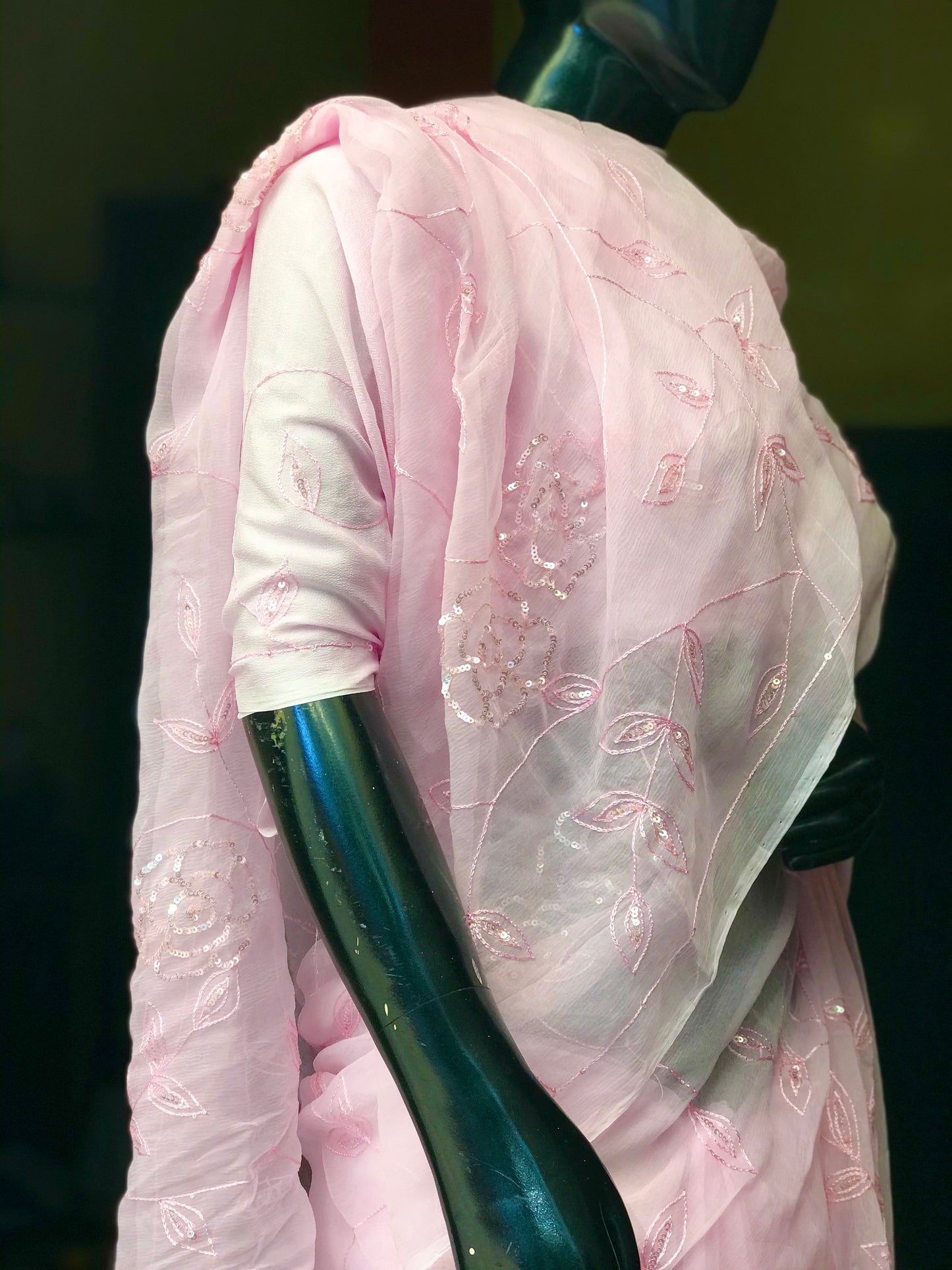 Baby Pink Thread Sequins Jaal Miraya Chiffon Sarees