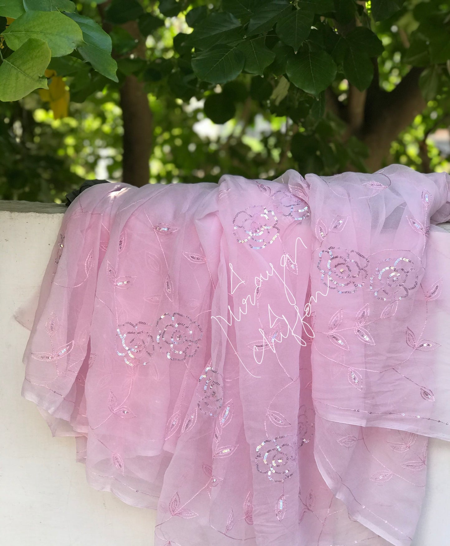 Baby Pink Thread Sequins Jaal Miraya Chiffon Sarees