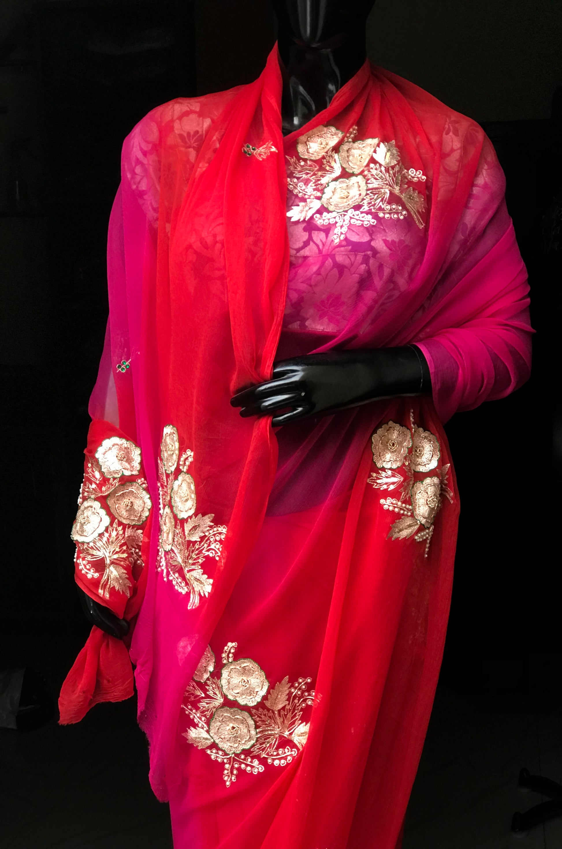 Red Shaded Aari Zardoji Motifs Miraya Chiffon Sarees