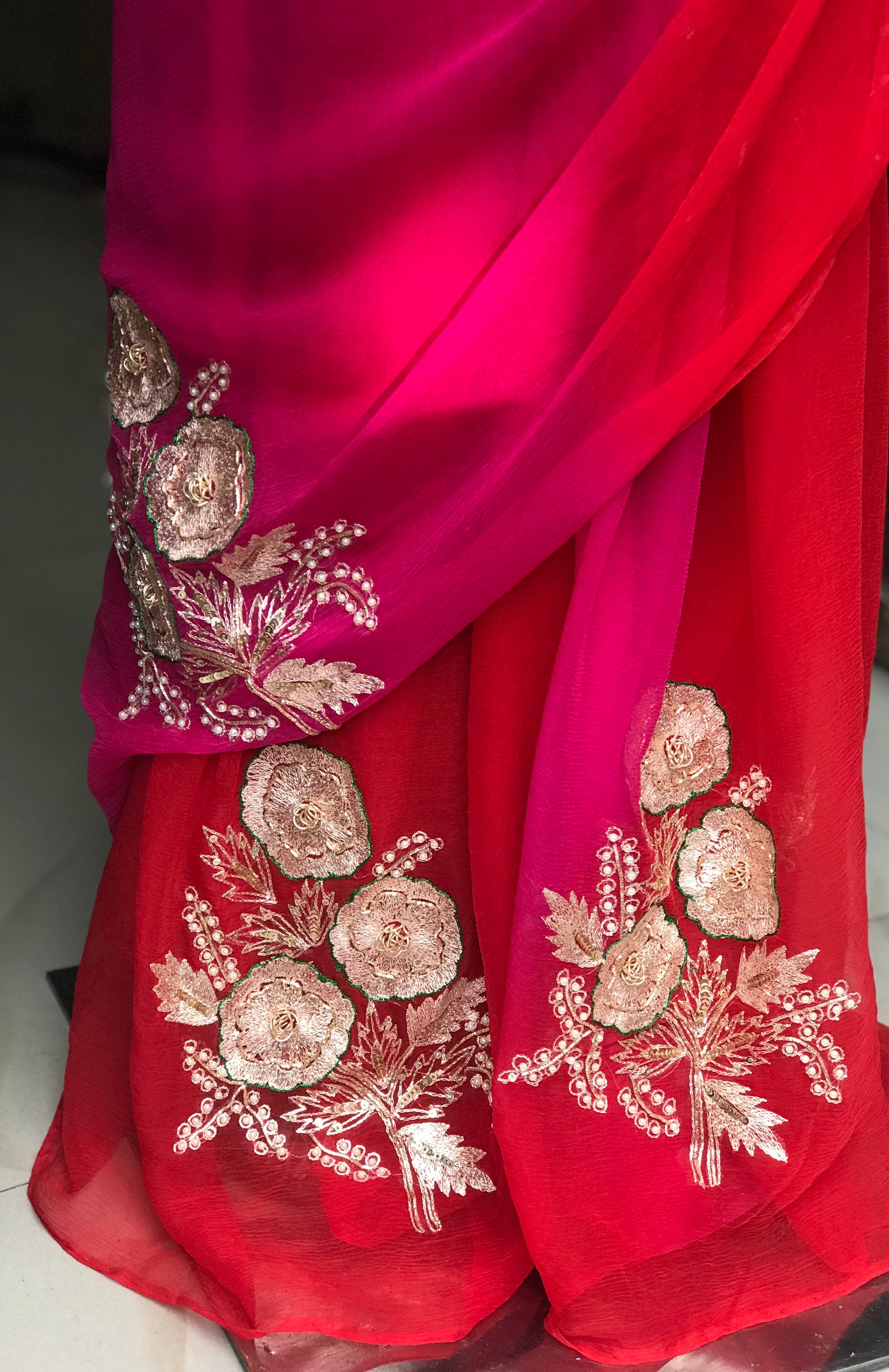 Red Shaded Aari Zardoji Motifs Miraya Chiffon Sarees