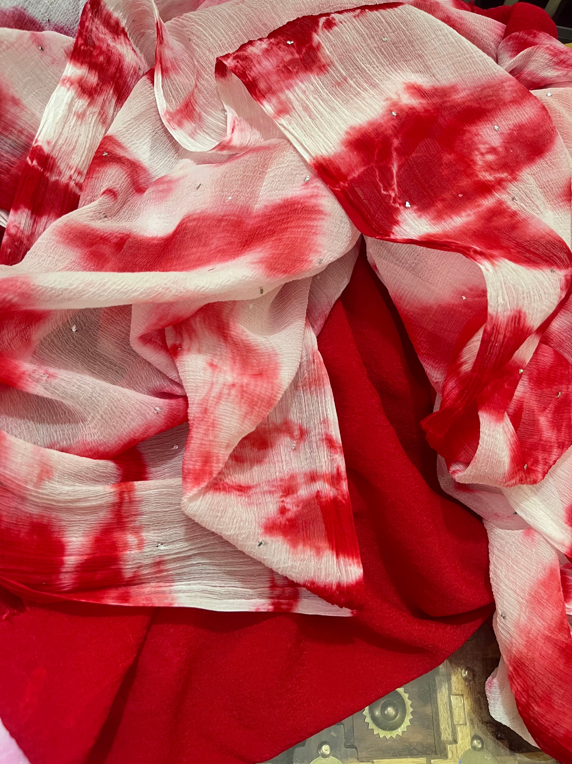 Red Shibori Mukaish Miraya Chiffon Sarees