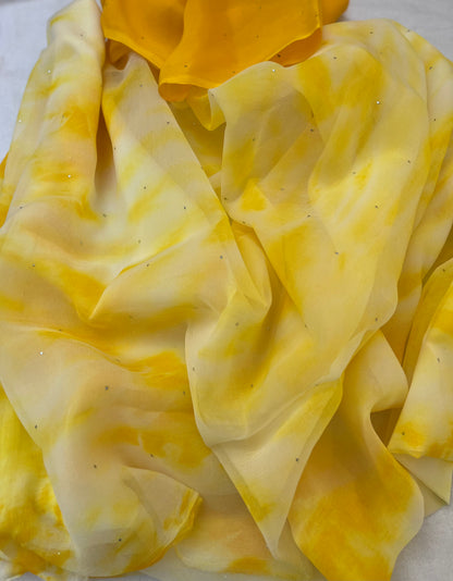 Yellow Shibori Mukaish Miraya Chiffon Sarees