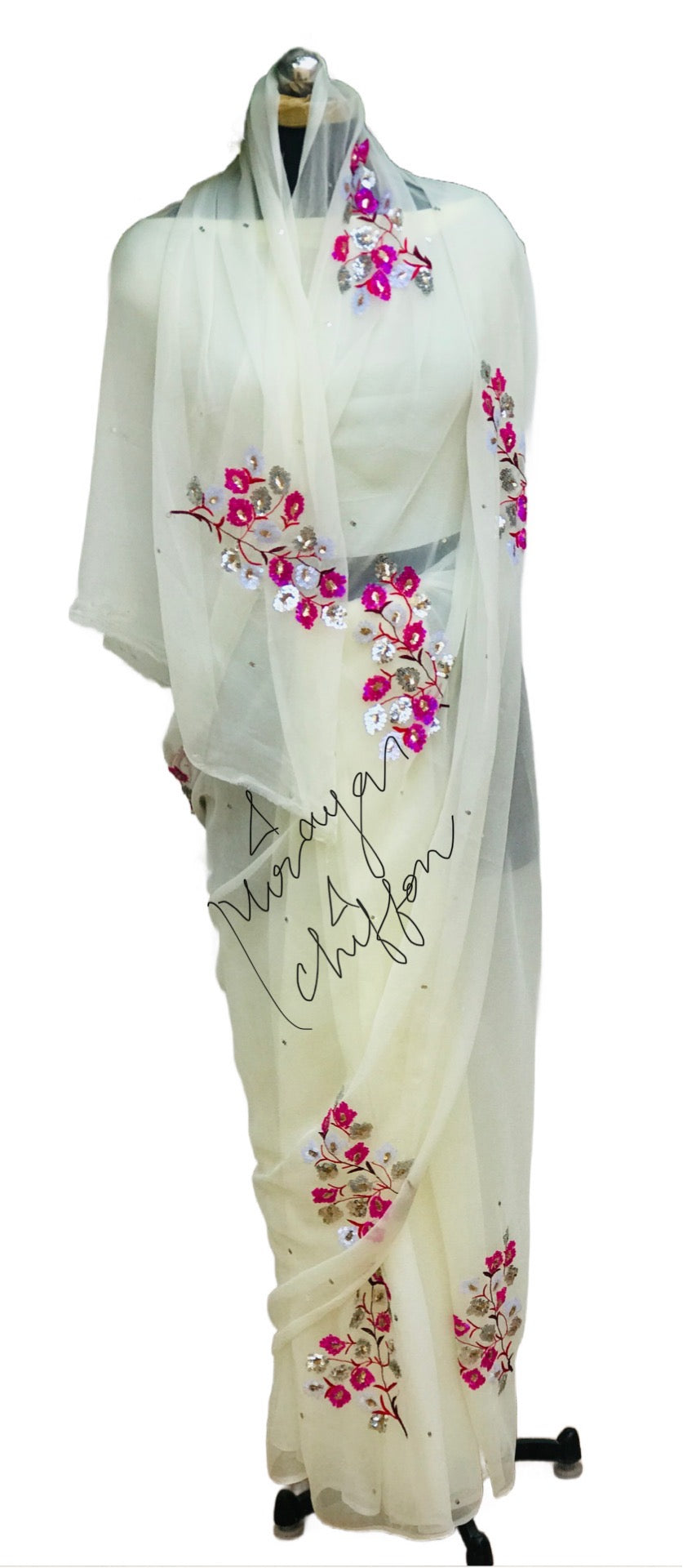 Cream Sequins Motifs Miraya Sarees