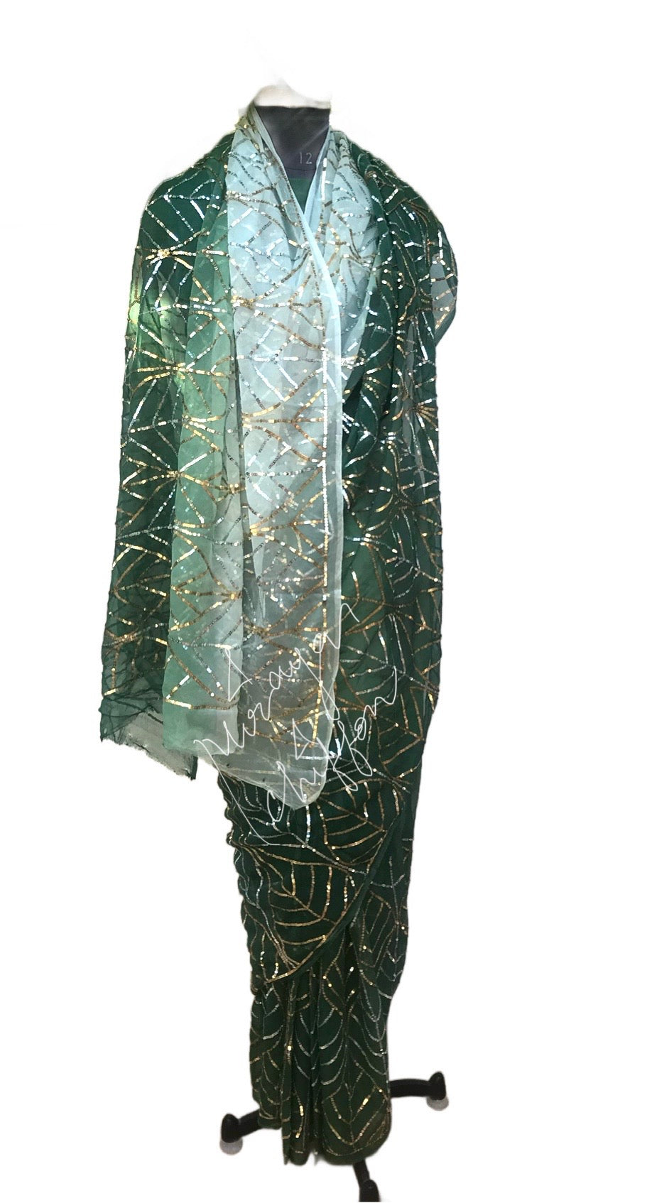 Green Shaded Golden Silver Sequins Jaal Miraya Sarees