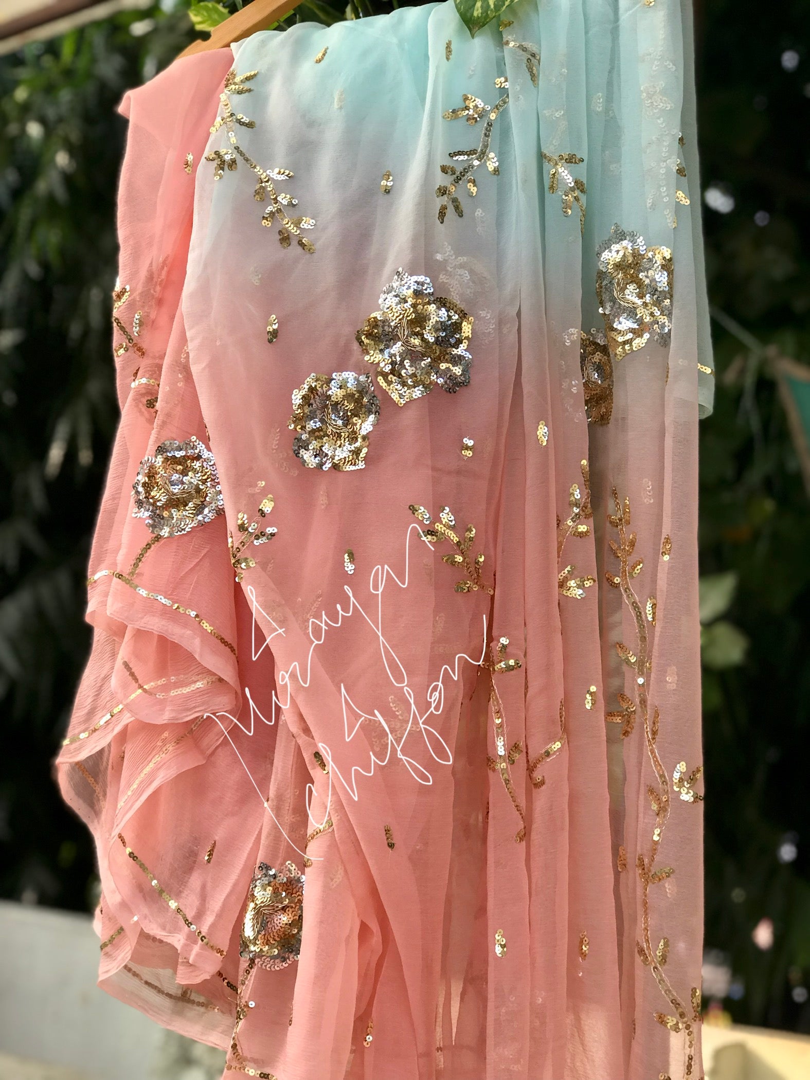 Powder Blue Peach Ombre Miraya Chiffon Sarees